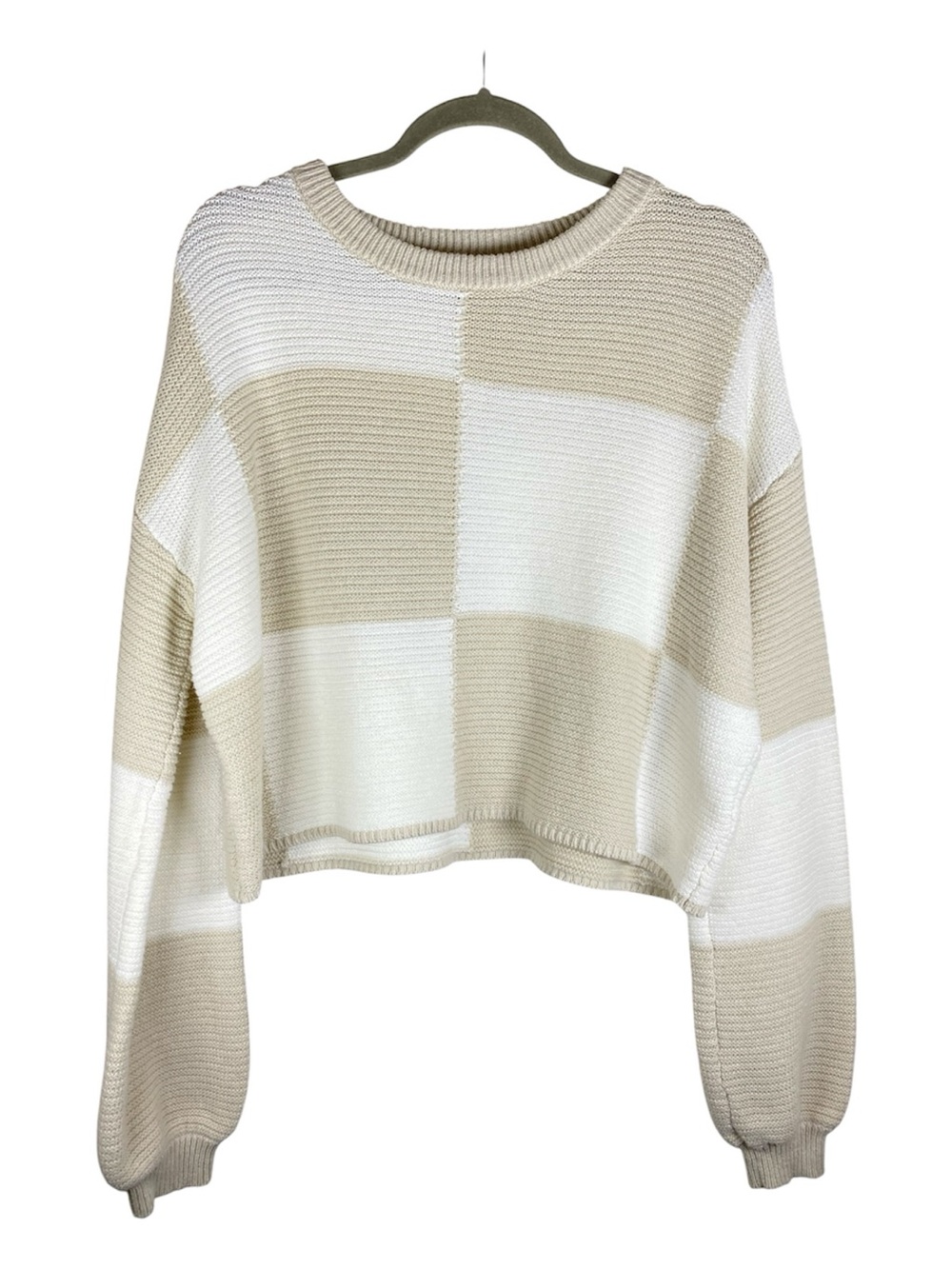 MOON & MADISON Color Block Cropped Sweater Balloon Sleeves Beige White L